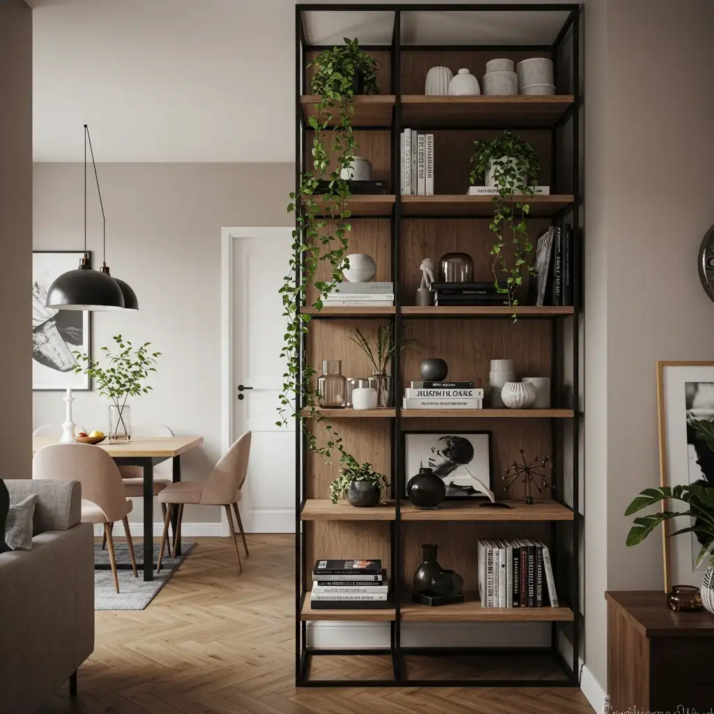 A smart layout for a long apartment living room, showing two distinct zones for living and a home office.