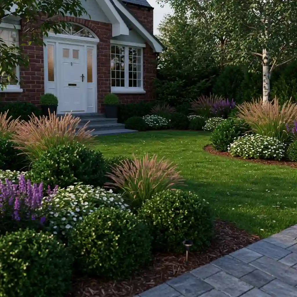 A low-maintenance front yard with expanded garden beds filled with shrubs and mulch, and a smaller lawn area.