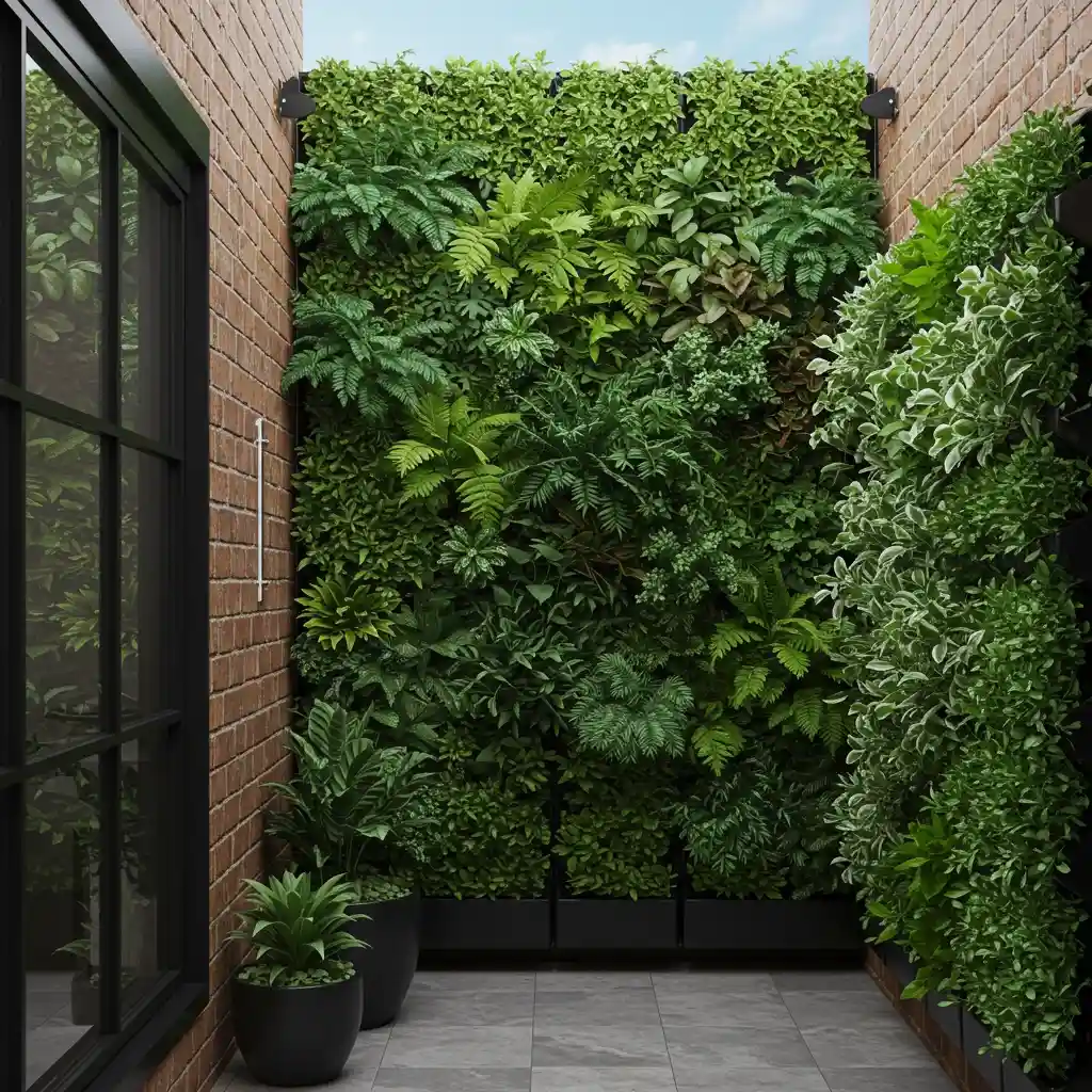 A small backyard maximizing space with a lush vertical garden on a wooden fence.