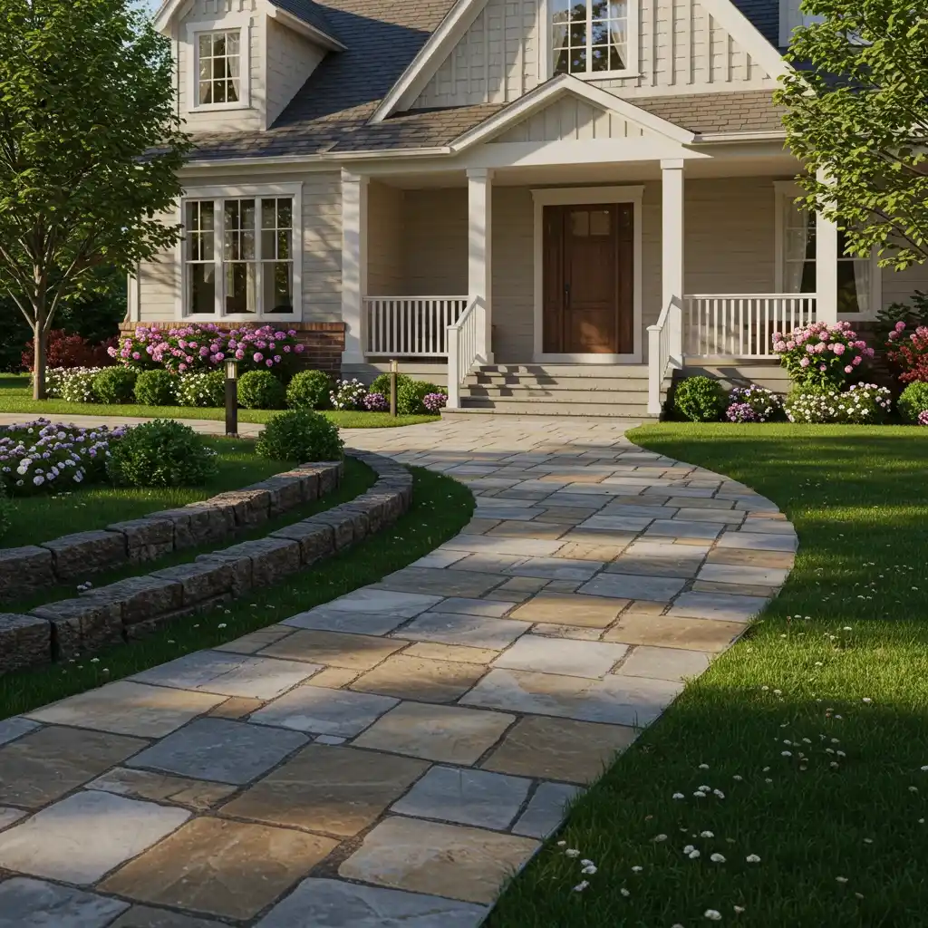 A home with great curb appeal, featuring a wide, curving flagstone walkway leading to the front door.