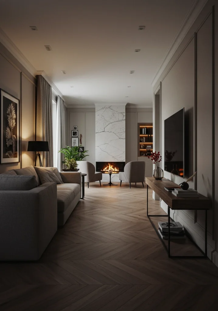 A smart layout for a long, narrow living room featuring two distinct zones for the fireplace and TV.