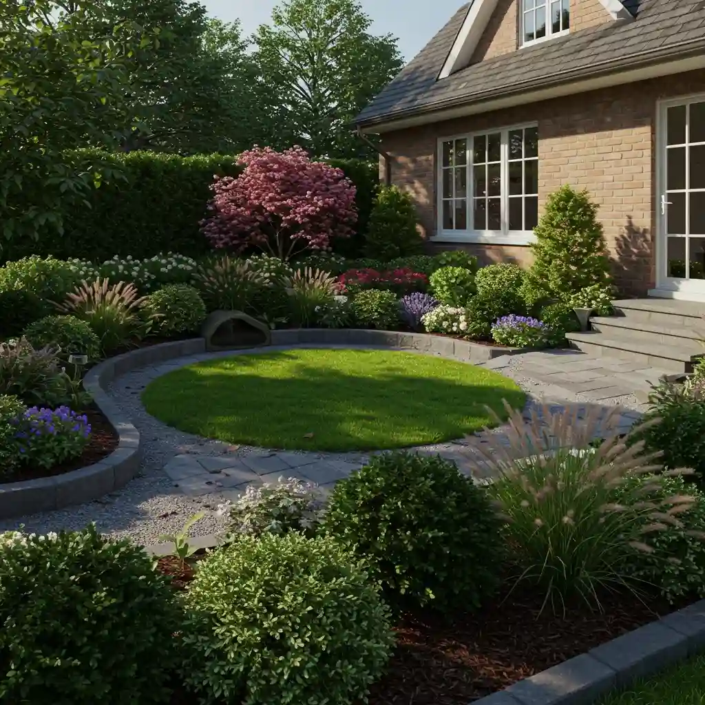 A smart, low-maintenance front yard with a small lawn area and large, mulched garden beds.