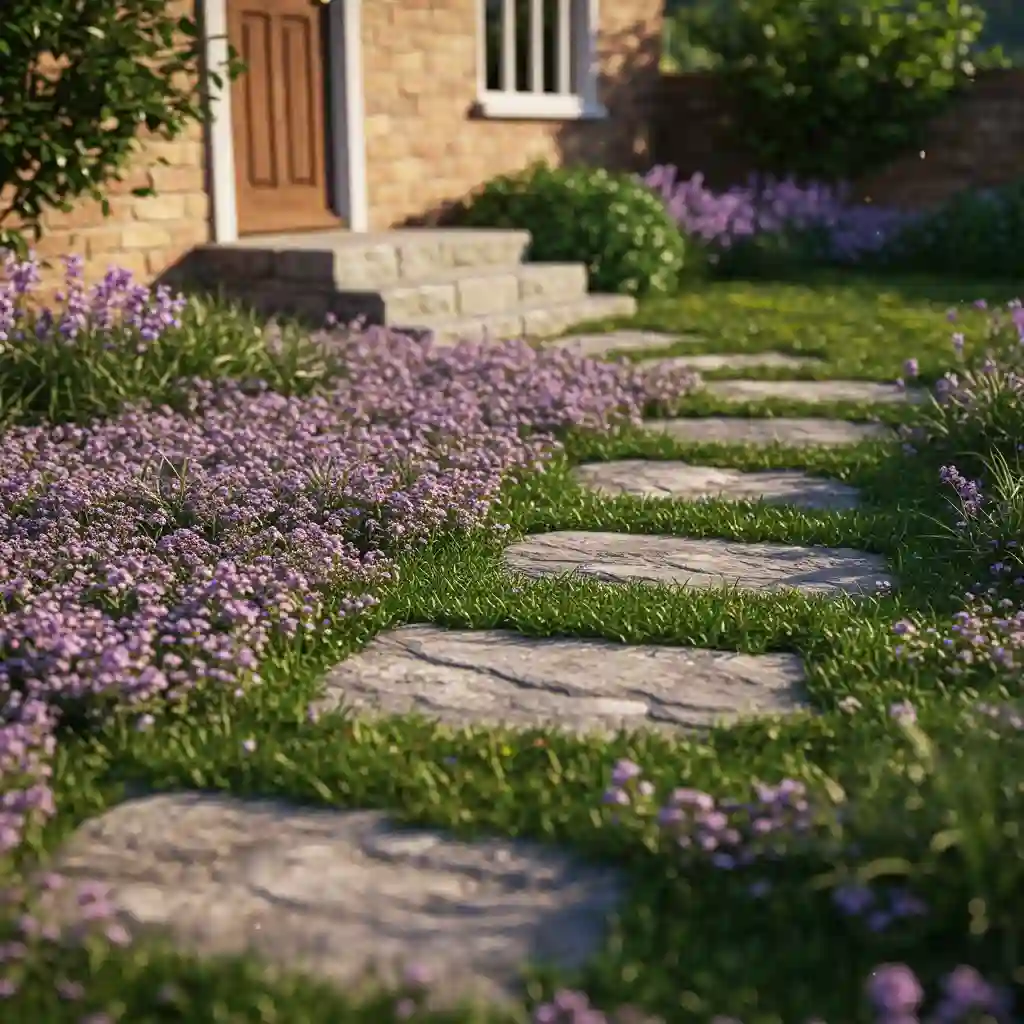 A beautiful grass-free front yard with a lush, flowering groundcover of creeping thyme.