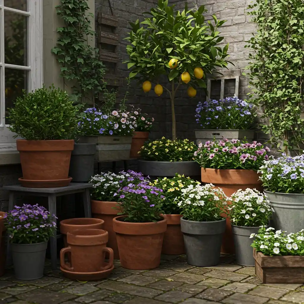 A beautiful and flexible small backyard garden created with a collection of container plants in various pots.