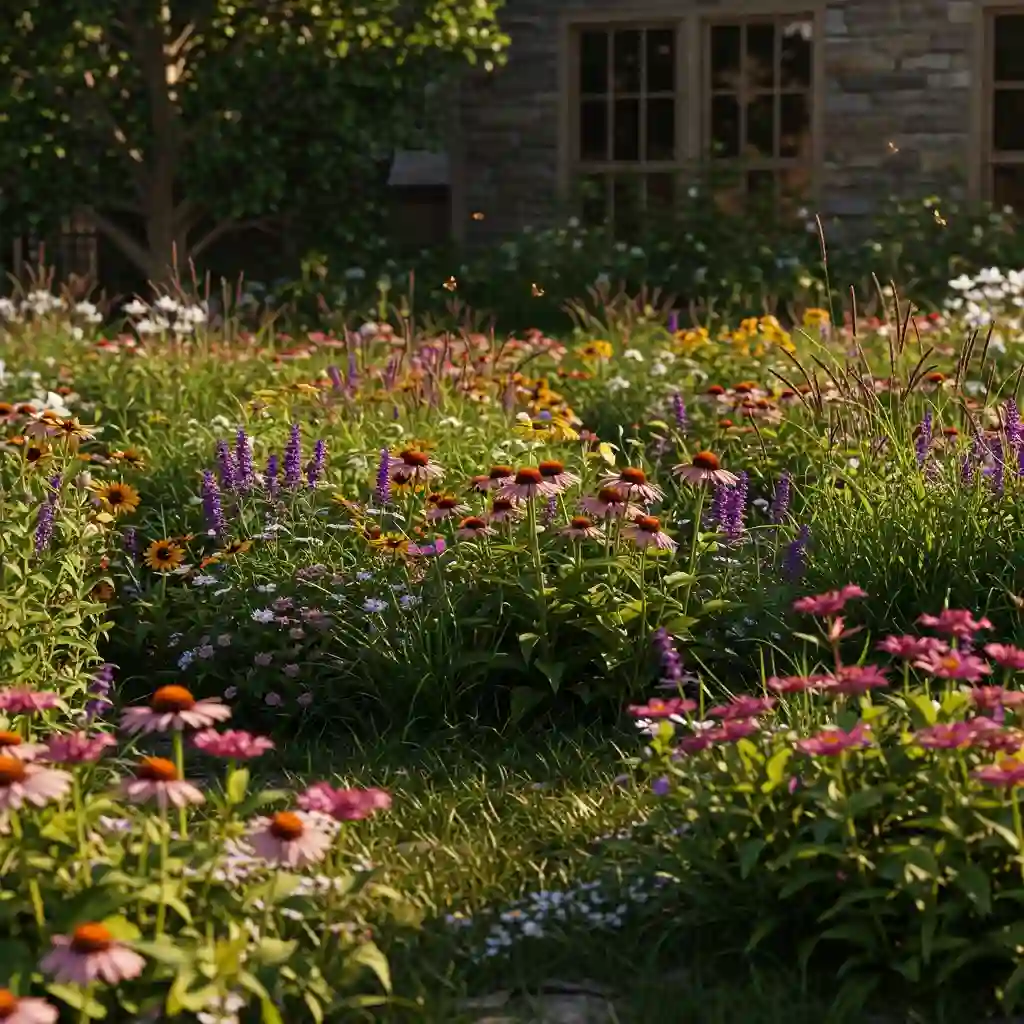 A low-maintenance, sustainable front yard featuring a beautiful garden of native, drought-tolerant plants that attract pollinators.