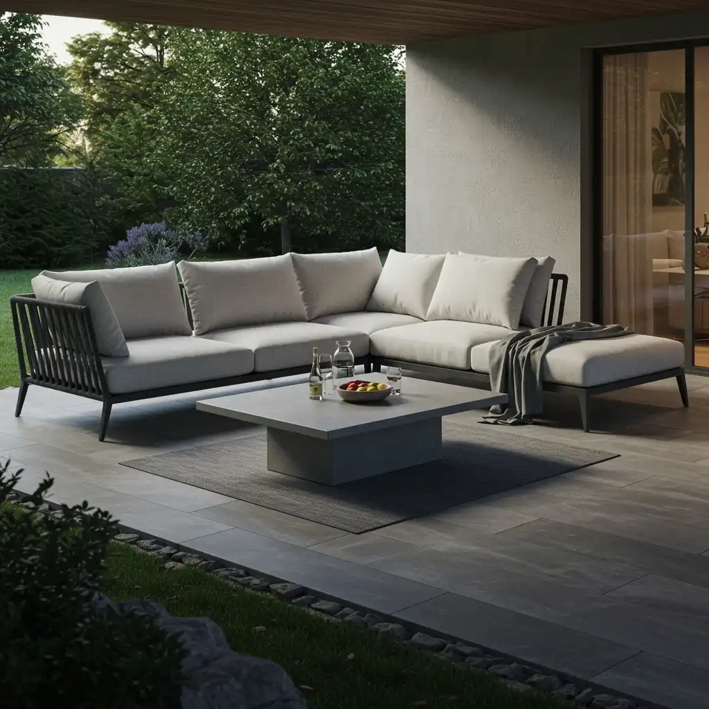 Sleek, minimalist outdoor furniture with clean lines on a modern garden patio.