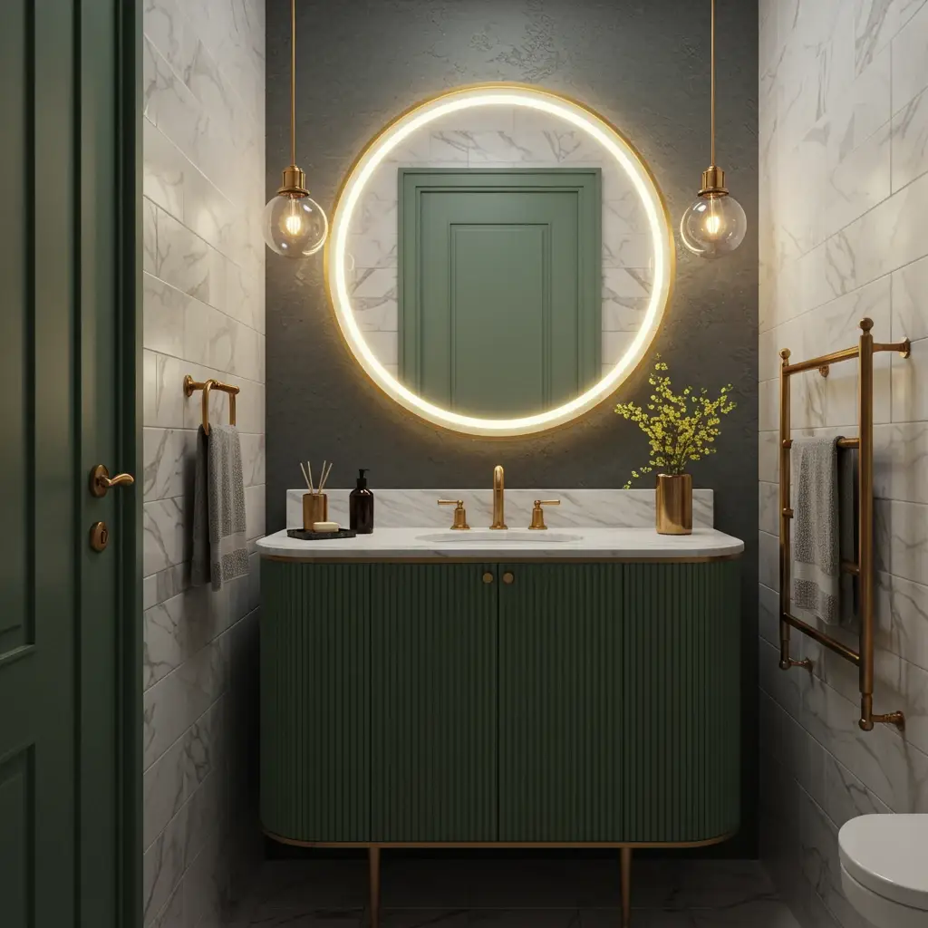 An art deco-inspired small bathroom featuring a large round backlit mirror and a curved sage green vanity.