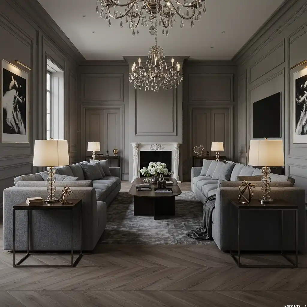 A creative layout for a large room using two back-to-back sofas to create separate fireplace and TV zones.