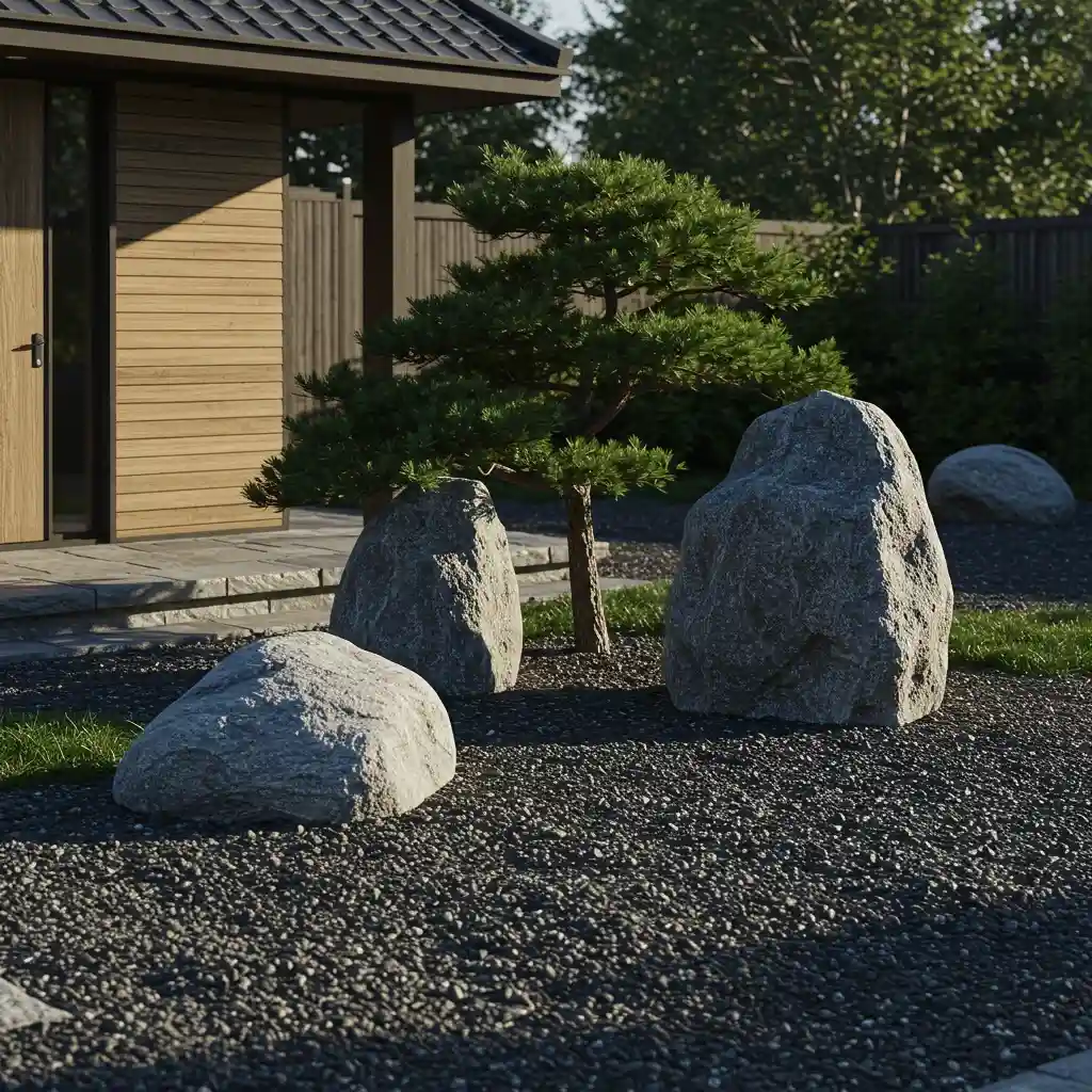 A dramatic, low-maintenance front yard featuring a grouping of large statement boulders as a focal point.
