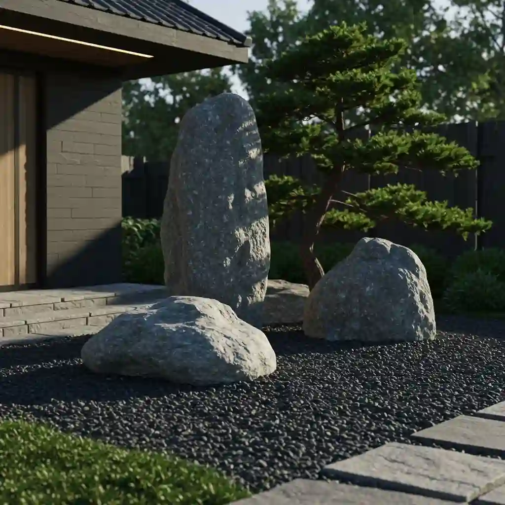 A dramatic, low-maintenance front yard featuring a grouping of large statement boulders as a focal point.