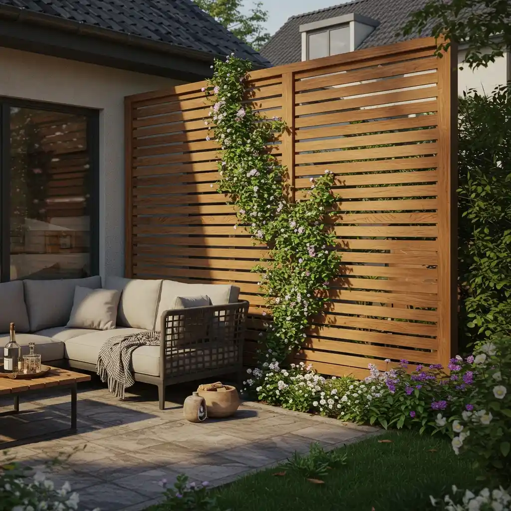 A modern horizontal wood slat privacy screen creating a secluded oasis in a small backyard.