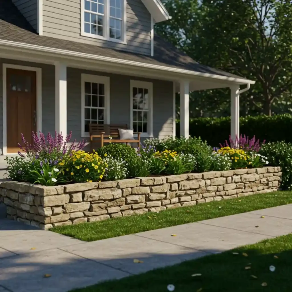 A low, dry-stacked stone wall used as a beautiful and permanent border for a front yard landscape.