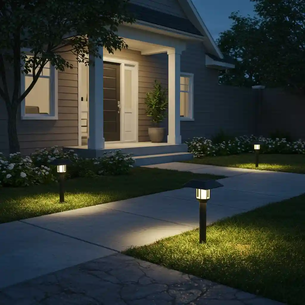 A simple front yard idea using modern, solar-powered path lights to illuminate a walkway at night.