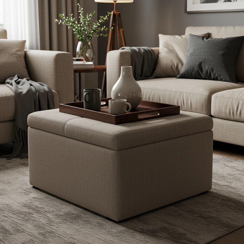 A multi-functional storage ottoman in an apartment living room, providing a surface, seating, and hidden storage.