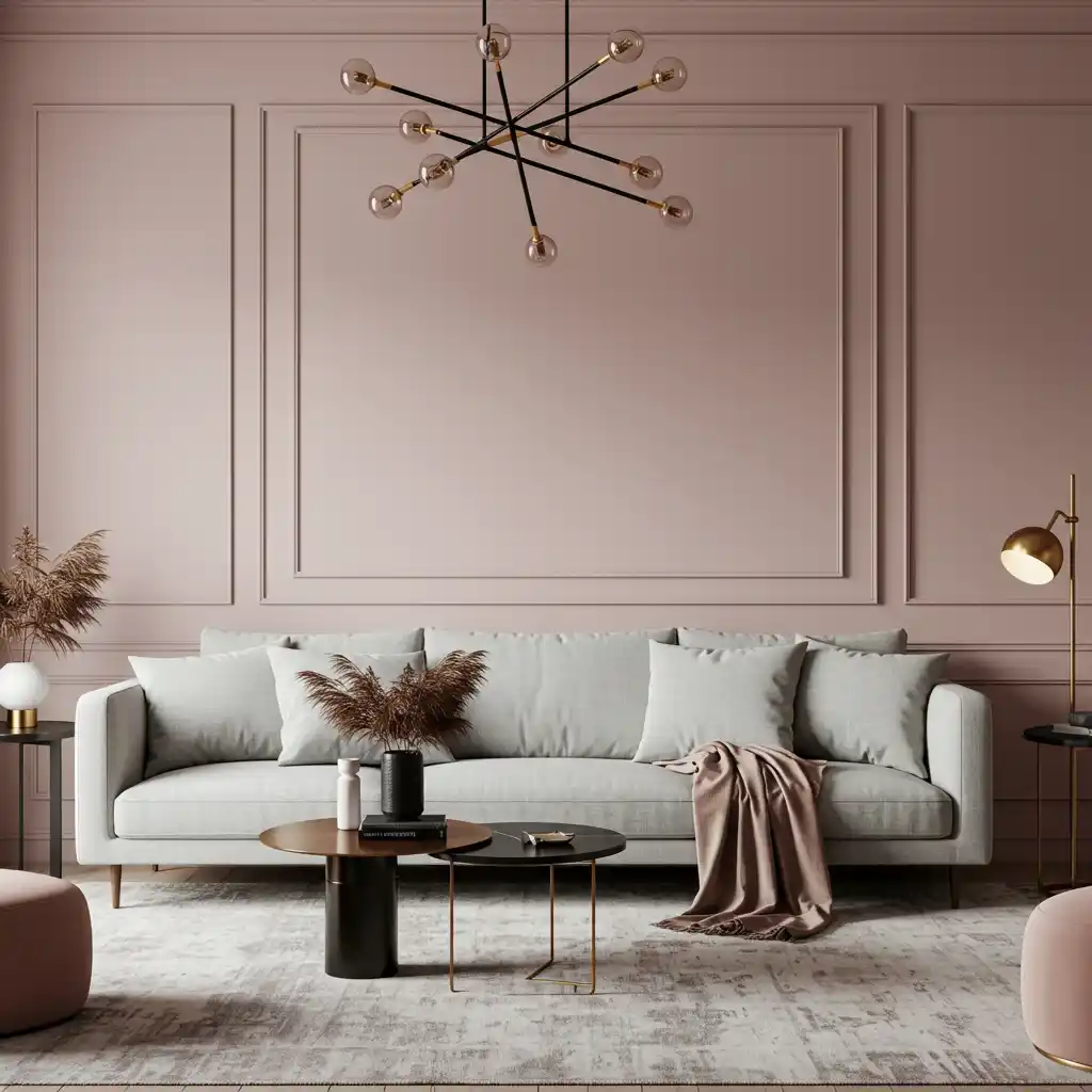 A chic and sophisticated living room featuring trendy, soft, muted blush pink walls.