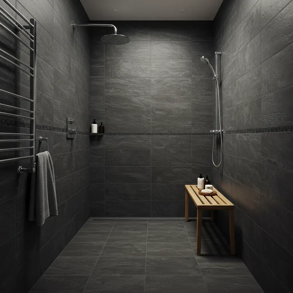 A contemporary small bathroom using large-format dark gray tiles on the floor and shower wall for a spacious feel.