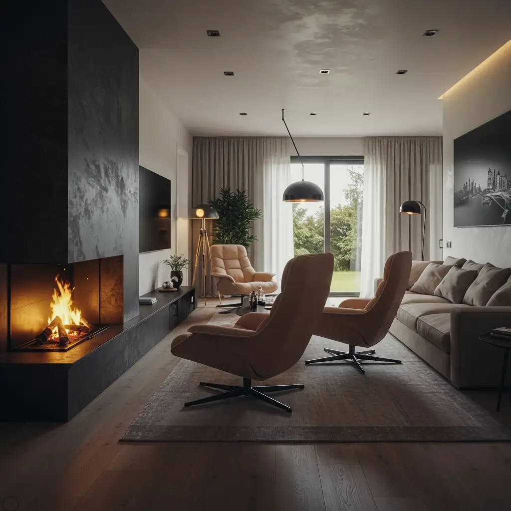 A flexible long living room layout featuring a pair of modern swivel chairs to address two focal points.
