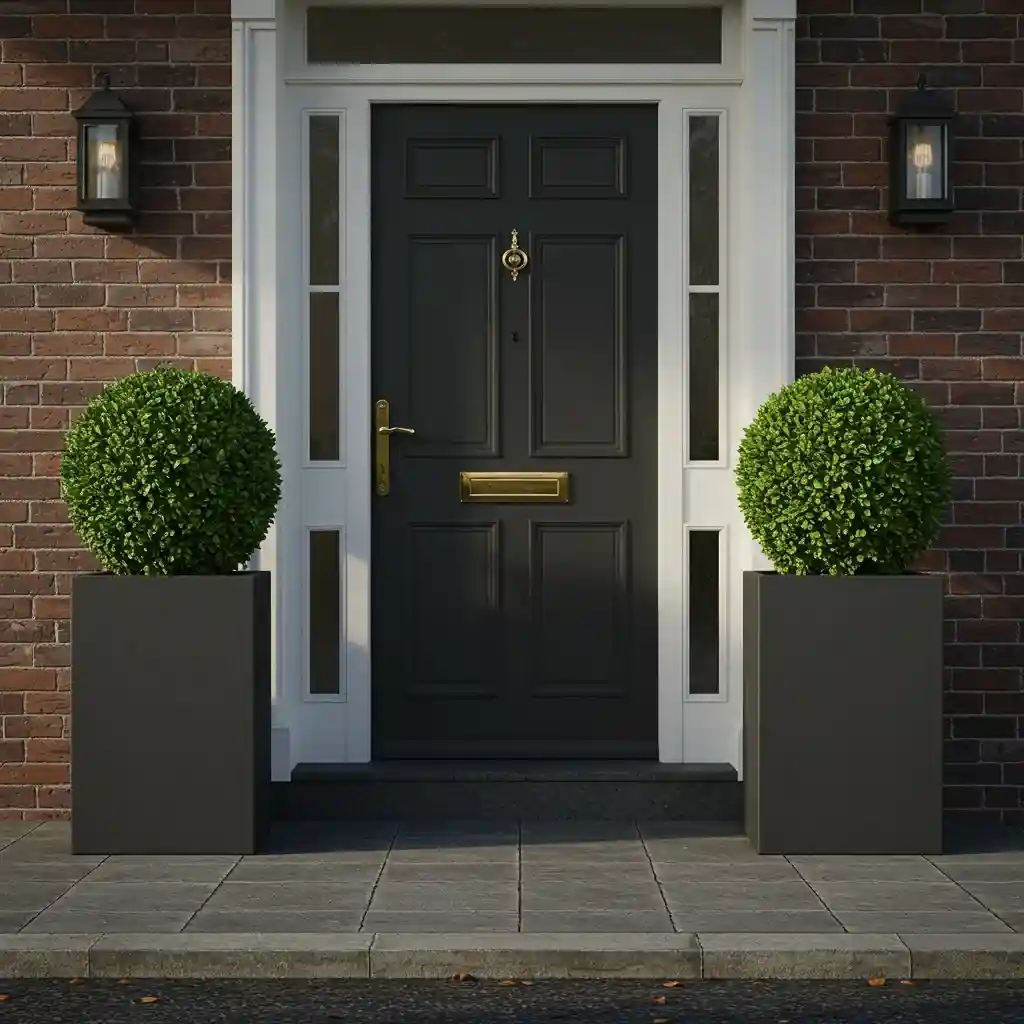 A low-maintenance front entrance with a pair of large, modern planters holding simple evergreen shrubs.
