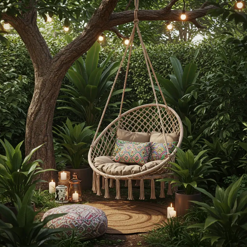 A cozy, macrame hanging chair creating a relaxing reading nook in a small backyard oasis.