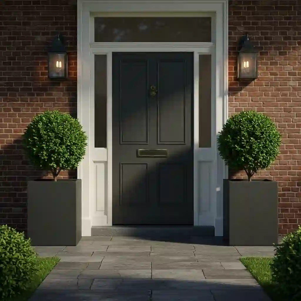 A low-maintenance front entrance with a pair of large, modern planters holding simple evergreen shrubs.
