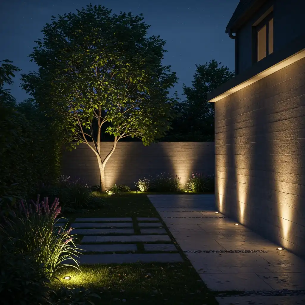 A modern garden at night with dramatic, strategic uplighting on a tree and a textured wall.