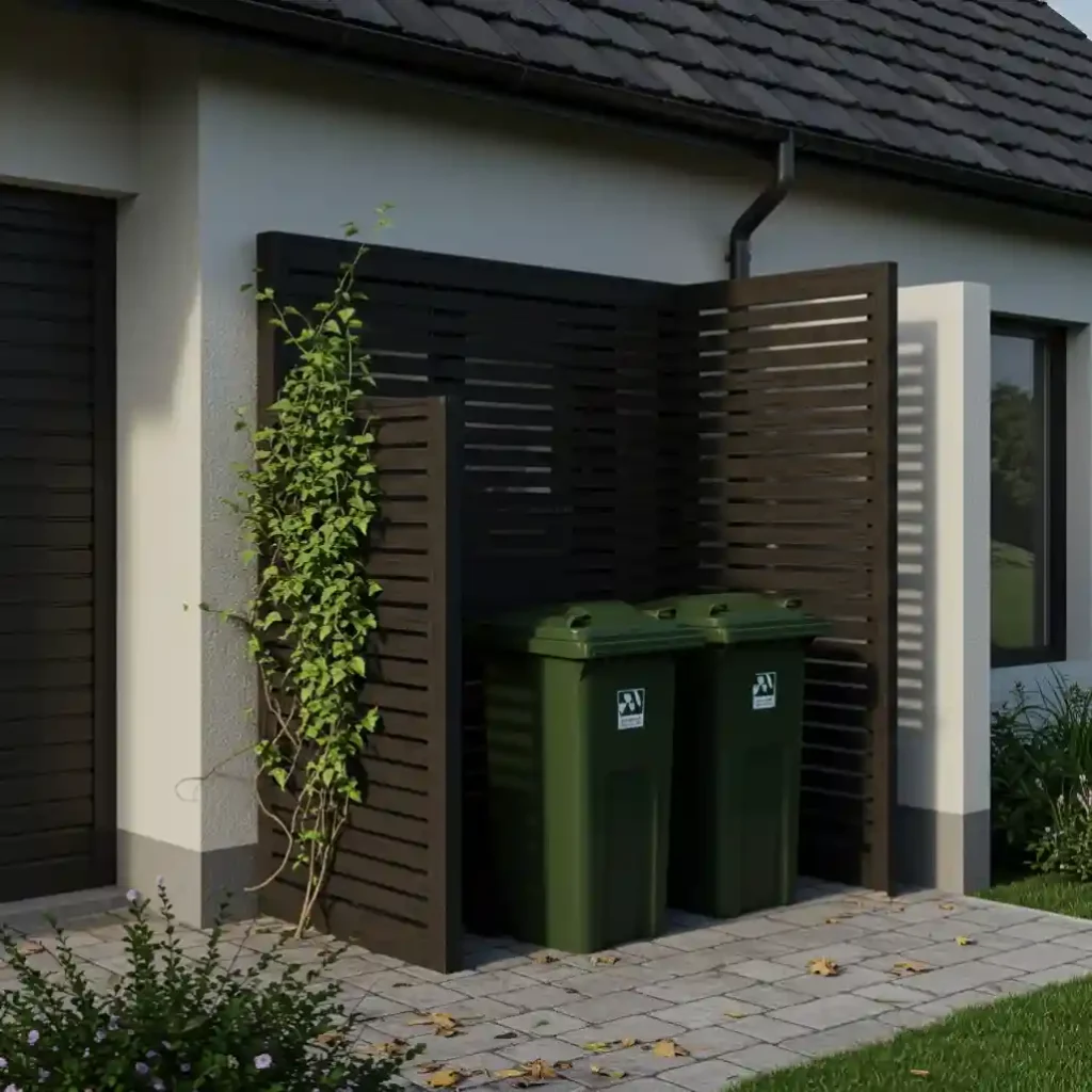 A stylish, horizontal wood slat screen used to hide trash cans and boost curb appeal.