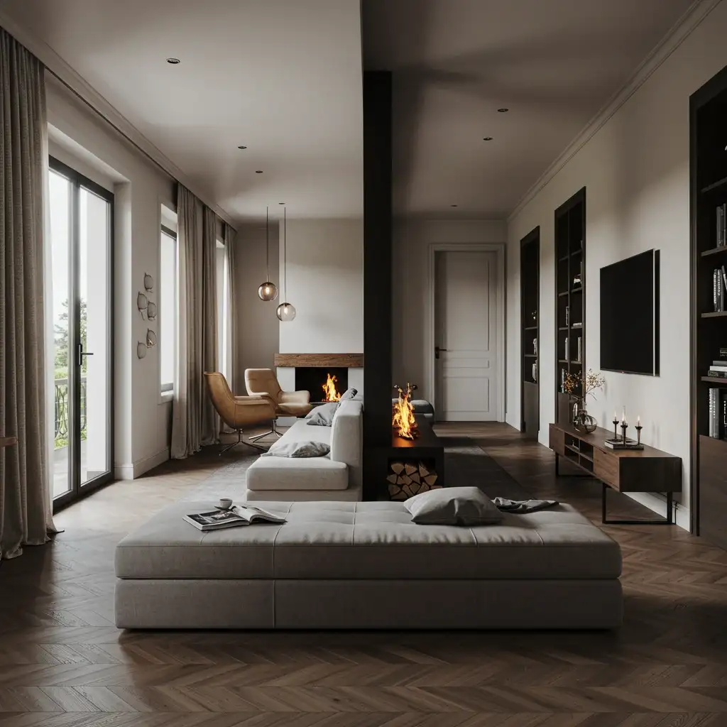 A creative layout using a backless sofa as a divider in a long, narrow living room.