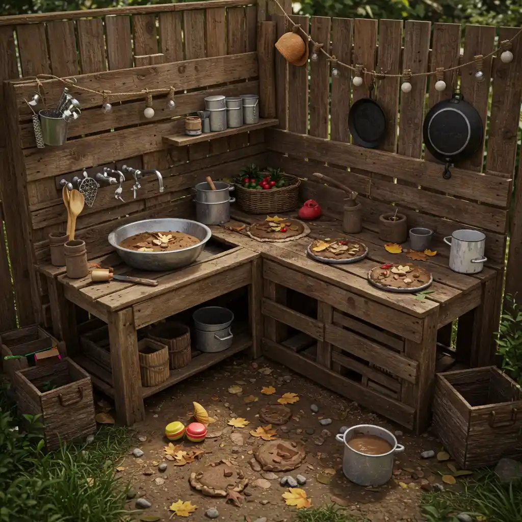 A creative and cheap backyard idea: a DIY mud kitchen for kids made from upcycled pallets.