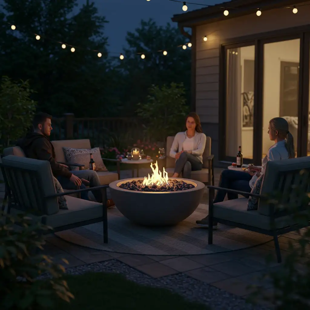 A group of friends gathered around a modern, concrete fire pit in a cozy, small backyard.