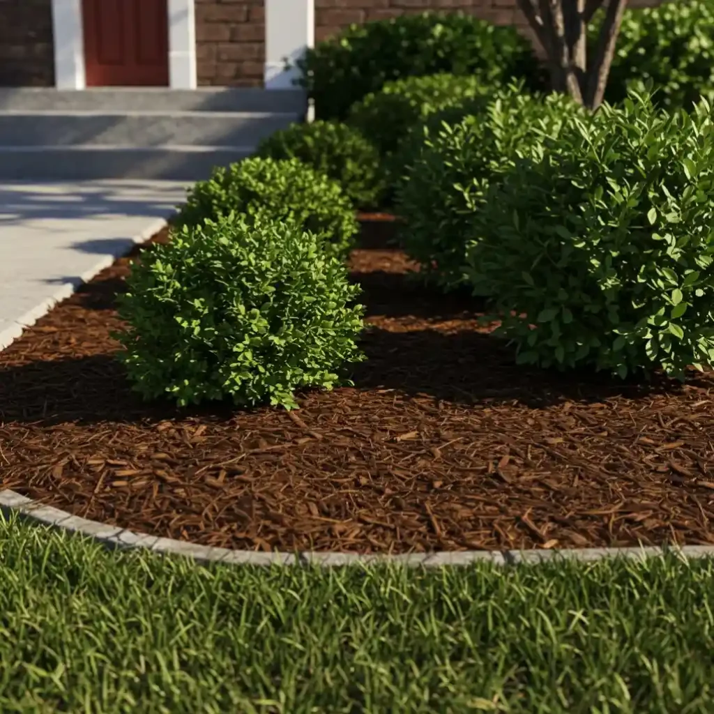 A front yard with a thick, fresh layer of dark wood mulch in the garden beds for a polished look.