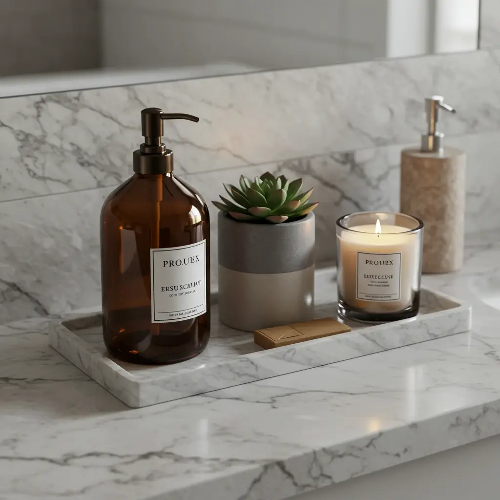 A minimalist and curated small bathroom countertop with a marble tray and amber glass dispenser.