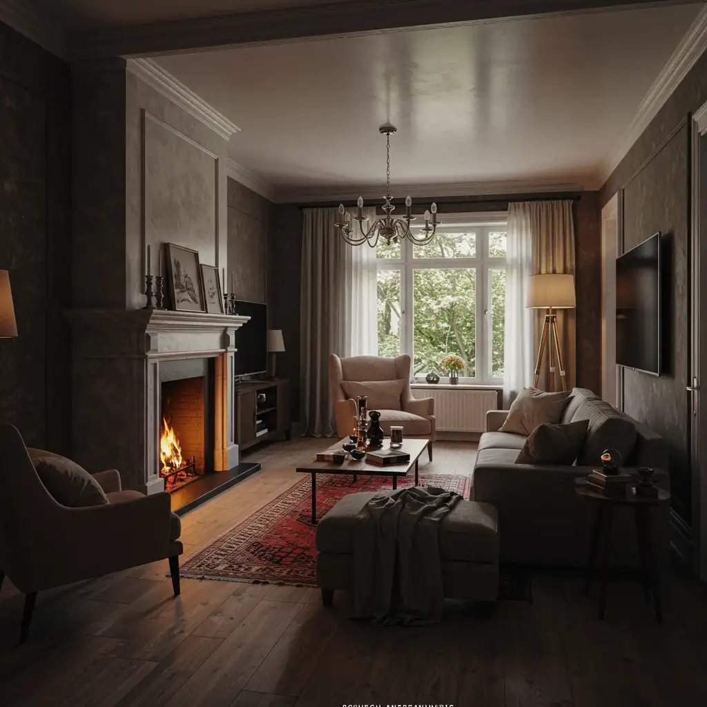 A creative layout for a long room using a slightly angled furniture arrangement to break up the space.