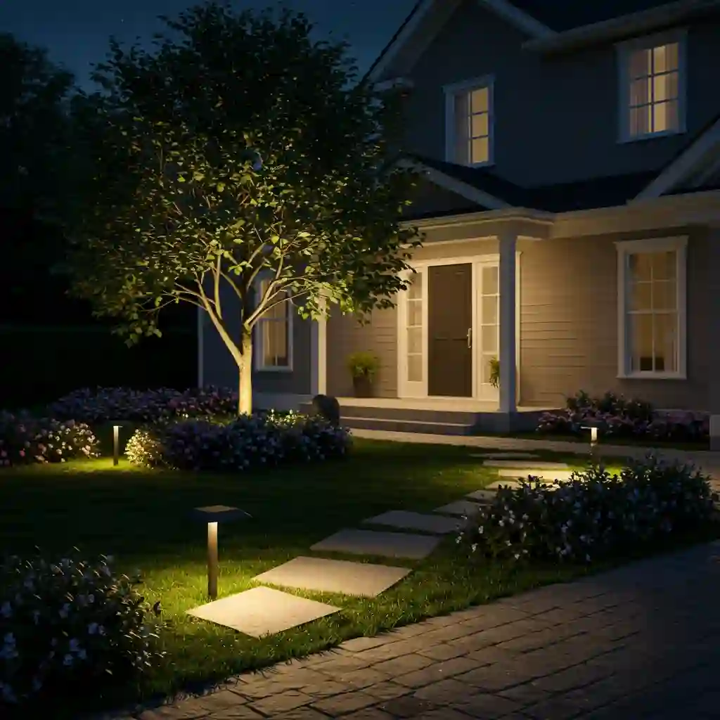 A low-maintenance front yard at night, beautifully illuminated with a low-voltage landscape lighting system.