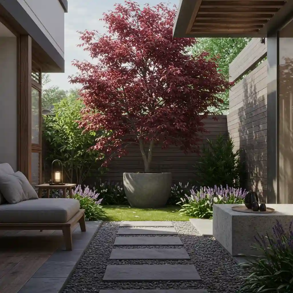 A single, sculptural Japanese Maple tree in a concrete planter serving as the focal point in a small backyard.