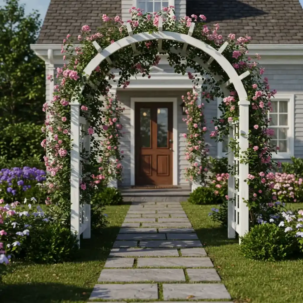 A stunning, white garden arbor covered in climbing roses, creating a charming entrance.