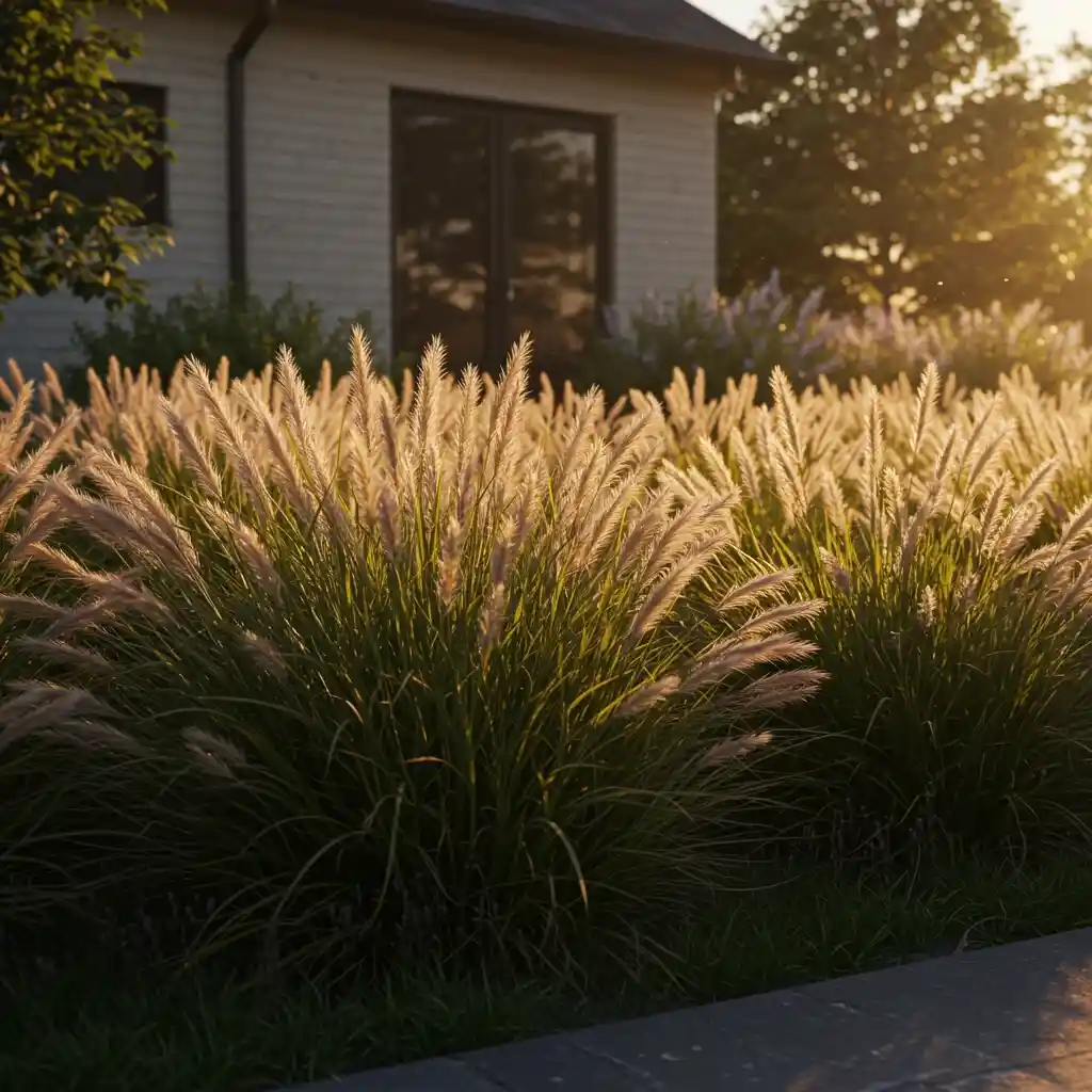 A low-maintenance landscape featuring a large drift of ornamental fountain grass backlit by the sun.