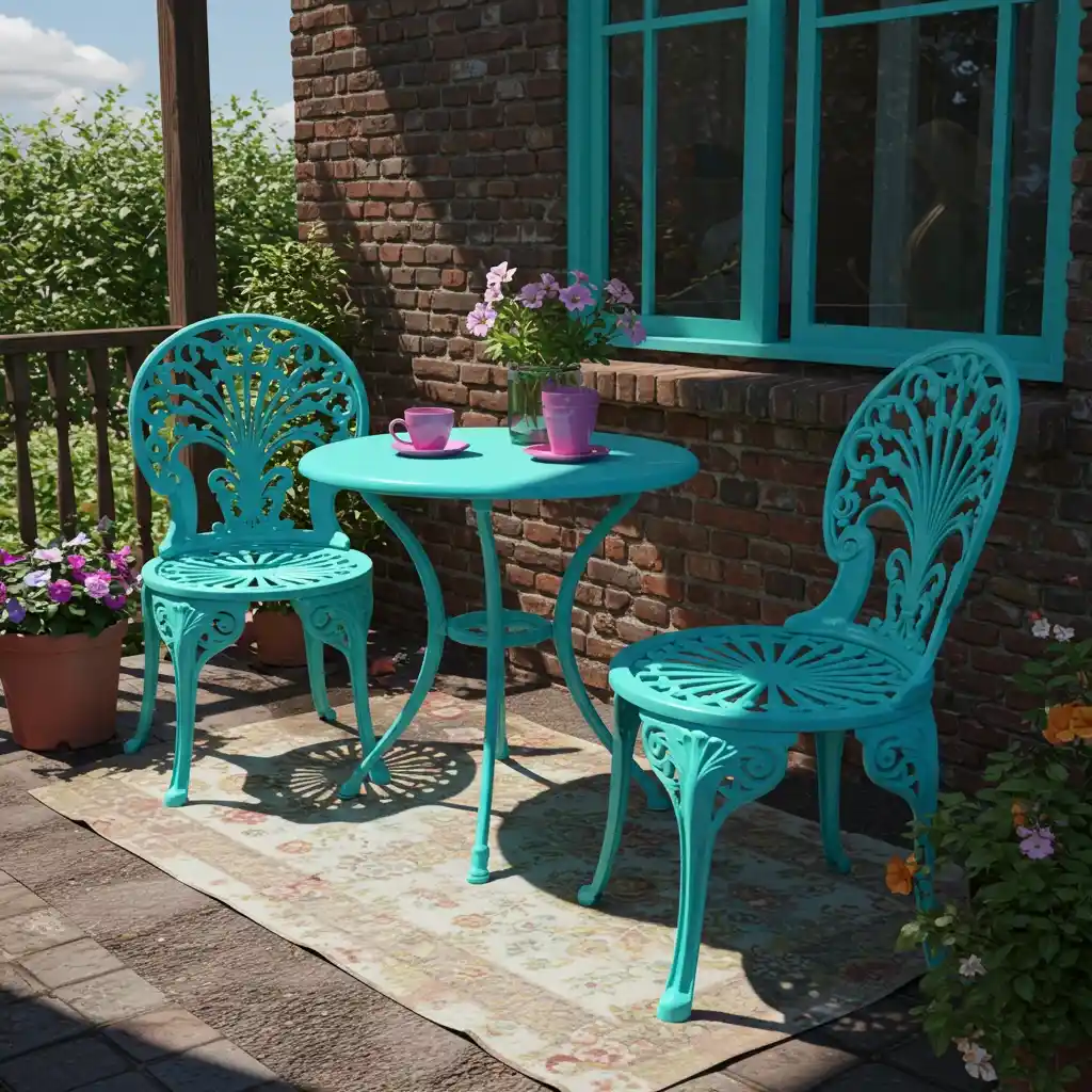 A cheap backyard idea showing a set of old, metal patio furniture transformed with a coat of bright, colorful spray paint.