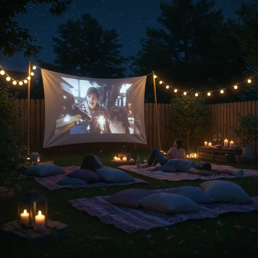 A cheap and creative backyard idea: a DIY outdoor movie night with a screen made from a white sheet.