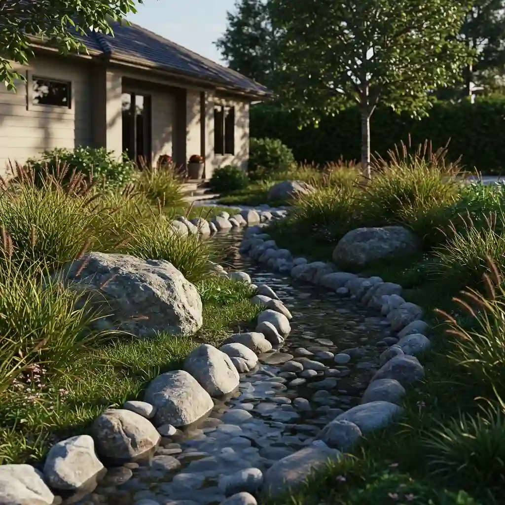 A creative, low-maintenance front yard featuring a winding dry creek bed made of river stones.