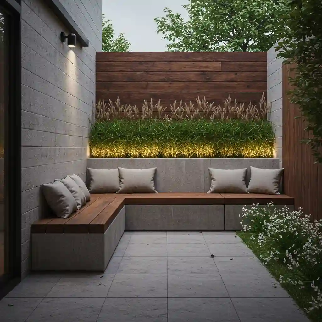 A modern small backyard with custom, built-in concrete benches and planters to maximize space.
