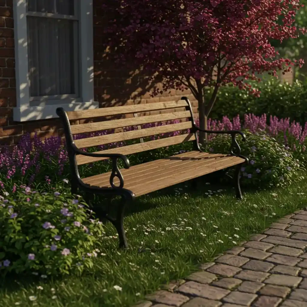 A classic park bench nestled into a front yard garden, adding a welcoming and decorative touch.