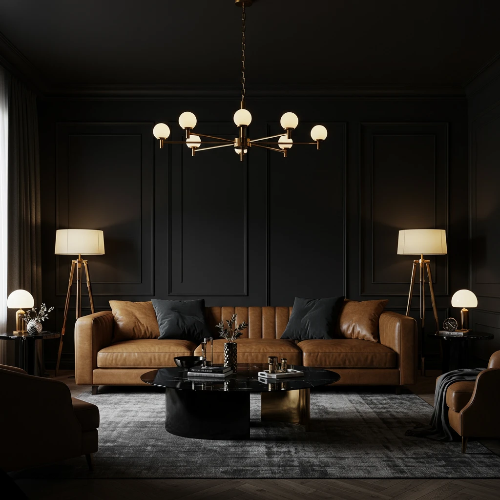 A bold and dramatic living room with matte black walls and a contrasting, caramel leather sofa.