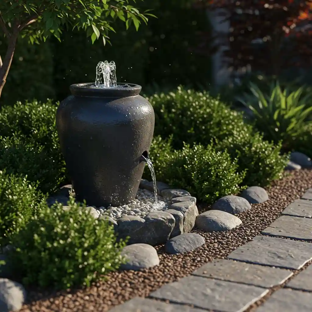 A simple, self-contained, bubbling urn fountain providing a low-maintenance water feature in a front yard.