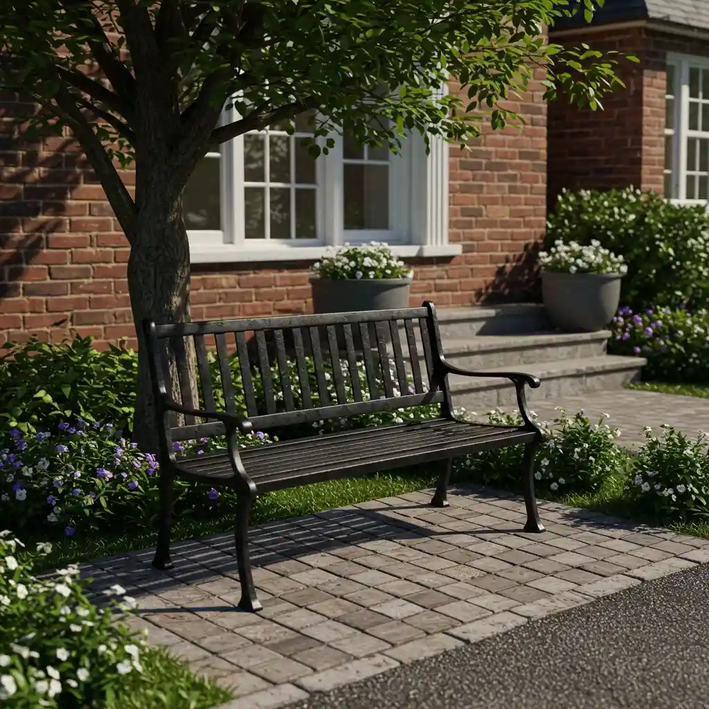 A durable, low-maintenance, cast aluminum garden bench in a welcoming front yard.