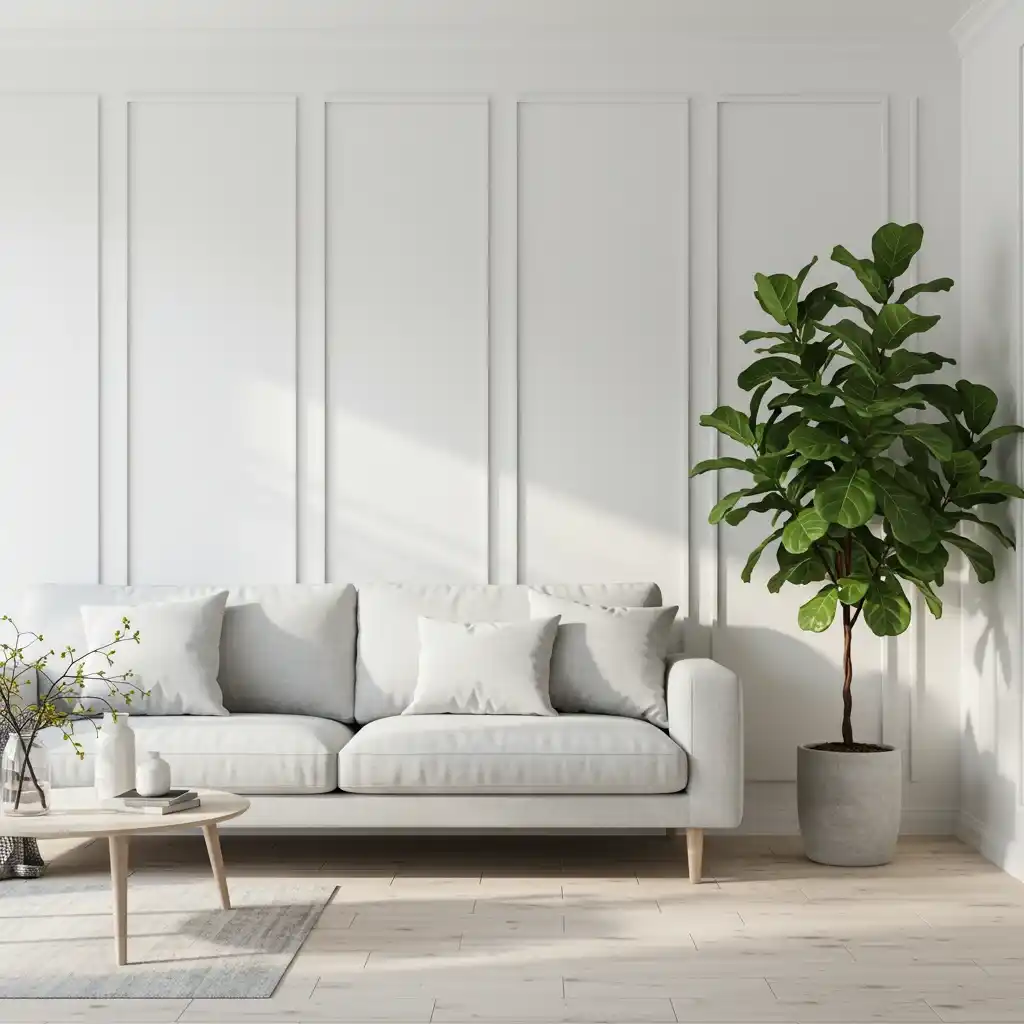 A modern Scandinavian living room with crisp, clean white walls and light wood furniture.