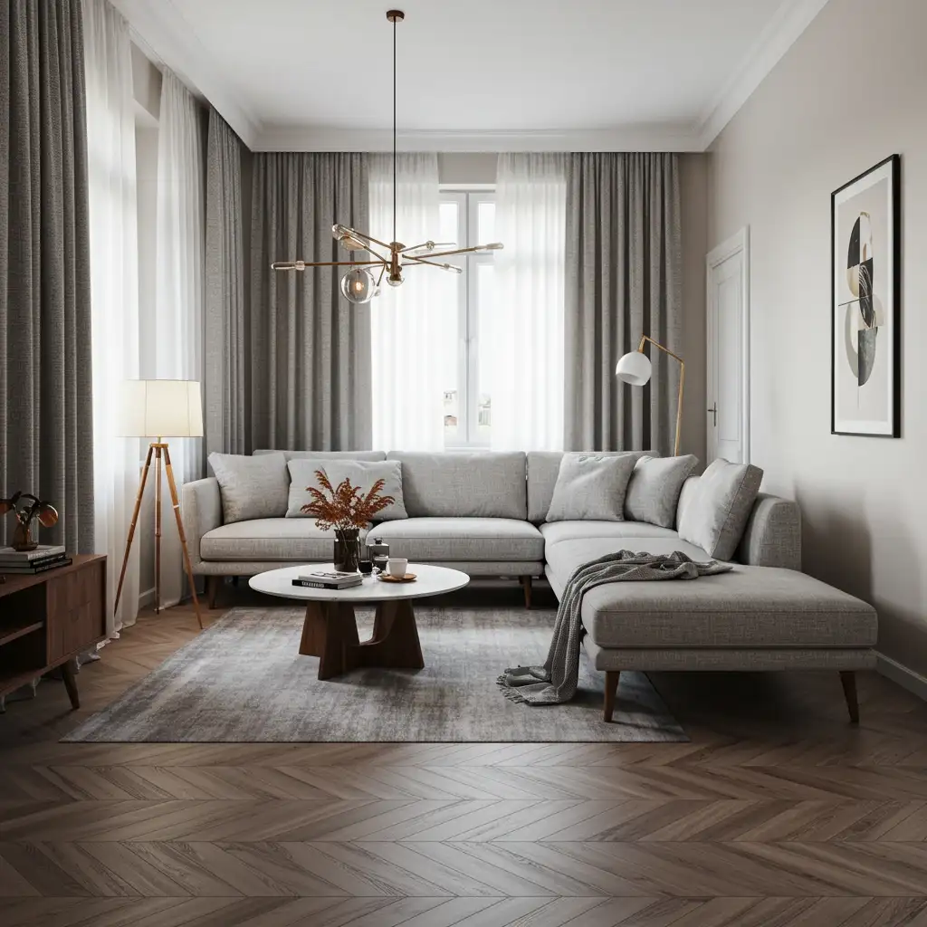 A large, patterned area rug used to define and anchor the living room zone in a long apartment.