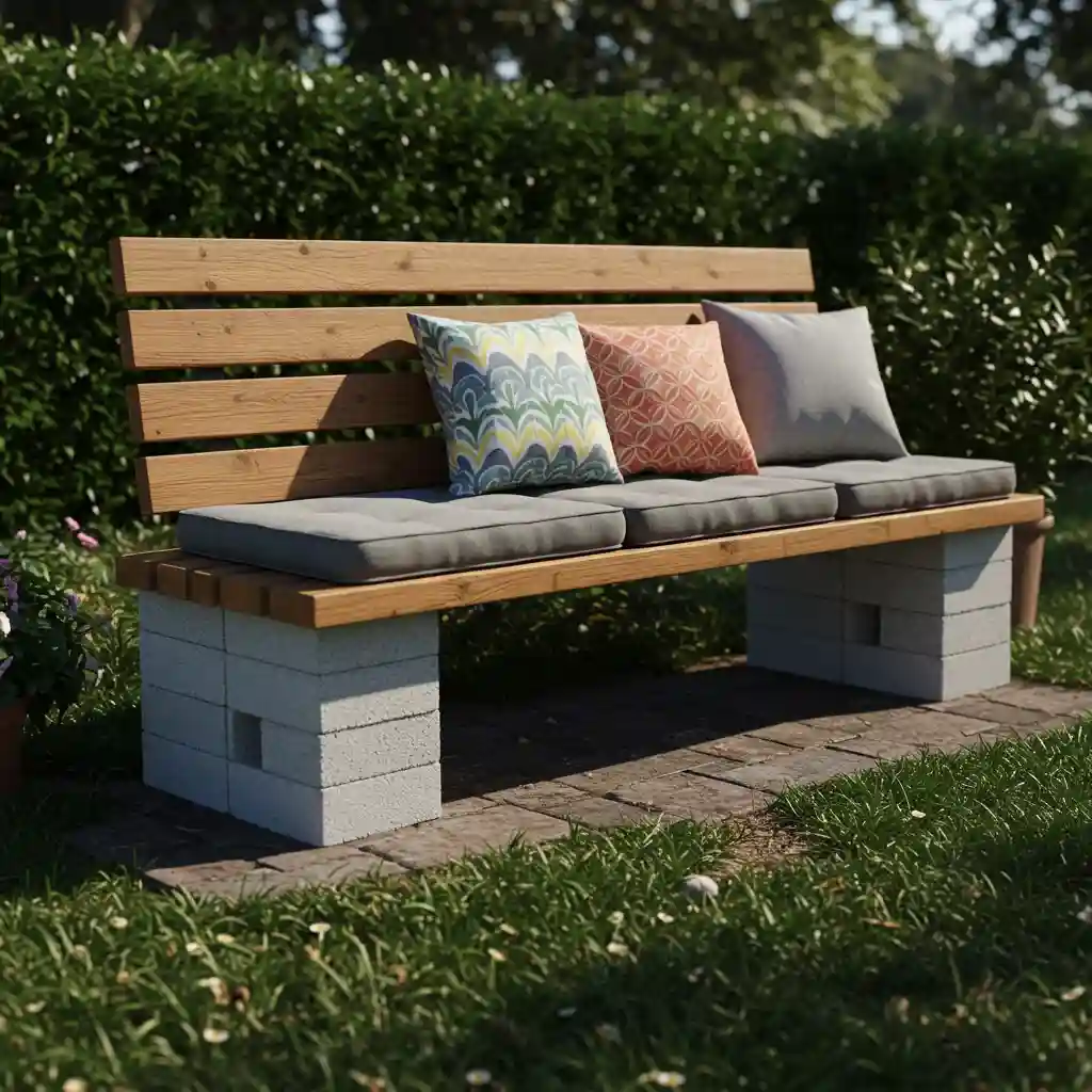 A creative and cheap backyard idea showing a DIY bench made from cinder blocks and wood planks.