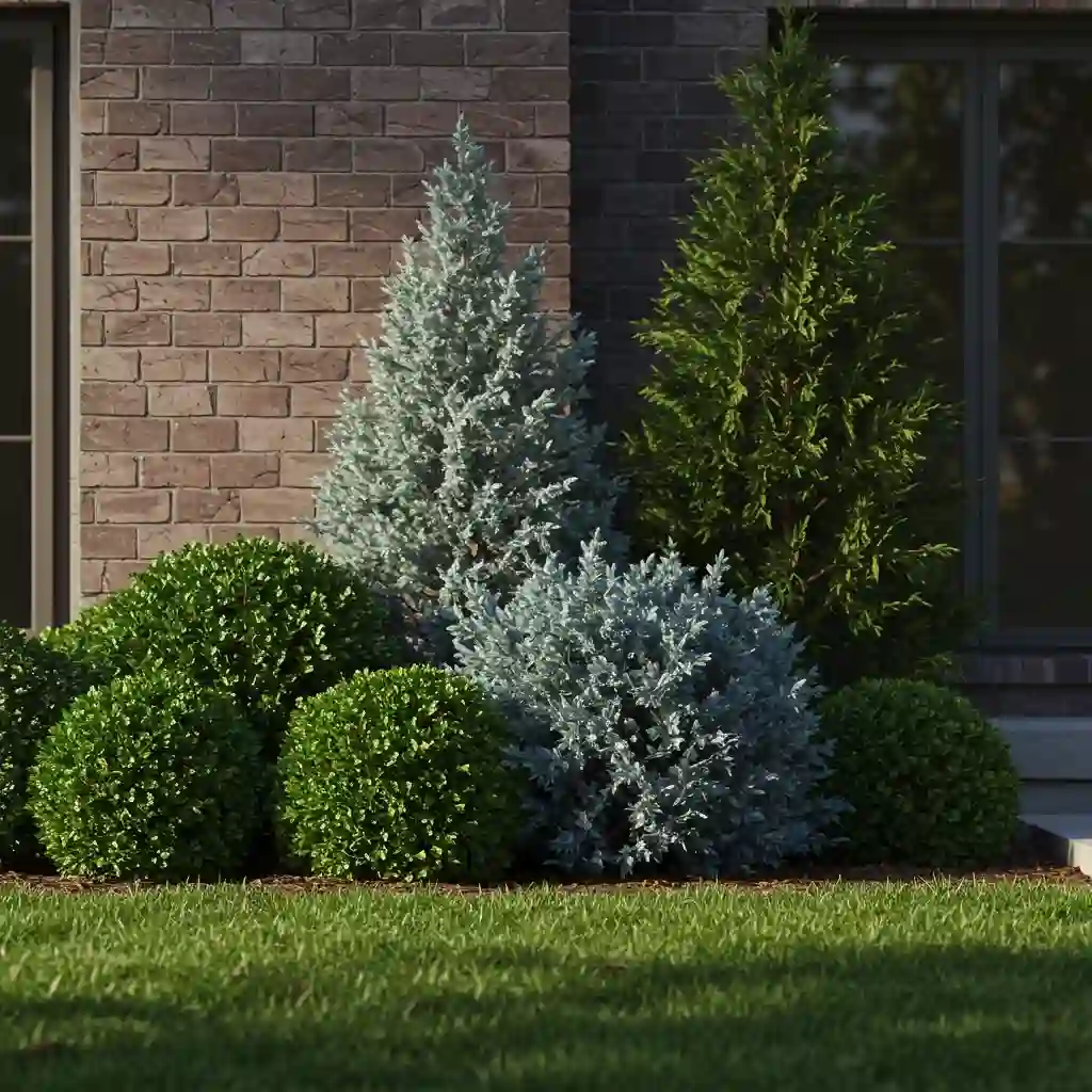A front of house landscape relying on a variety of evergreen shrubs for year-round structure and low maintenance.