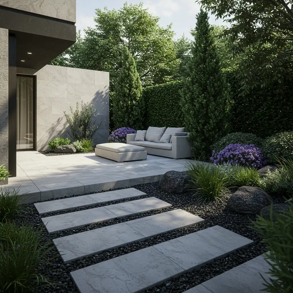 A modern garden with a monochromatic hardscape of concrete pavers and charcoal gravel.