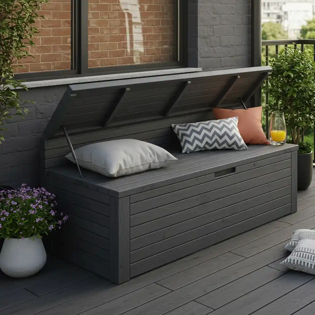 A multi-functional outdoor storage bench providing both seating and hidden storage in a compact backyard.